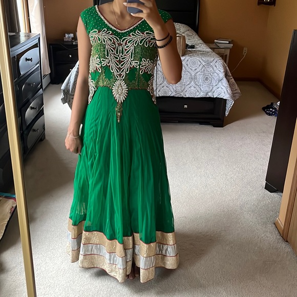 slim fit dress slacks Traditional Emerald Green Anarkali Gown for Girls with Floral Print main image 1
